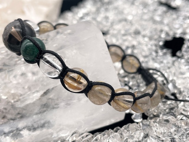 編みブレスレット（スモーキークォーツ【龍】・インドアベンチュリン・本水晶・ルチルクォーツ）