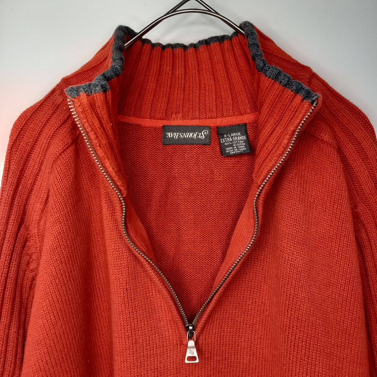 ST JOHN'S BAY　ハーフジップ　ミドルゲージ　コットンニット　セーター　無地　中厚手　ラグラン　オレンジ　XL