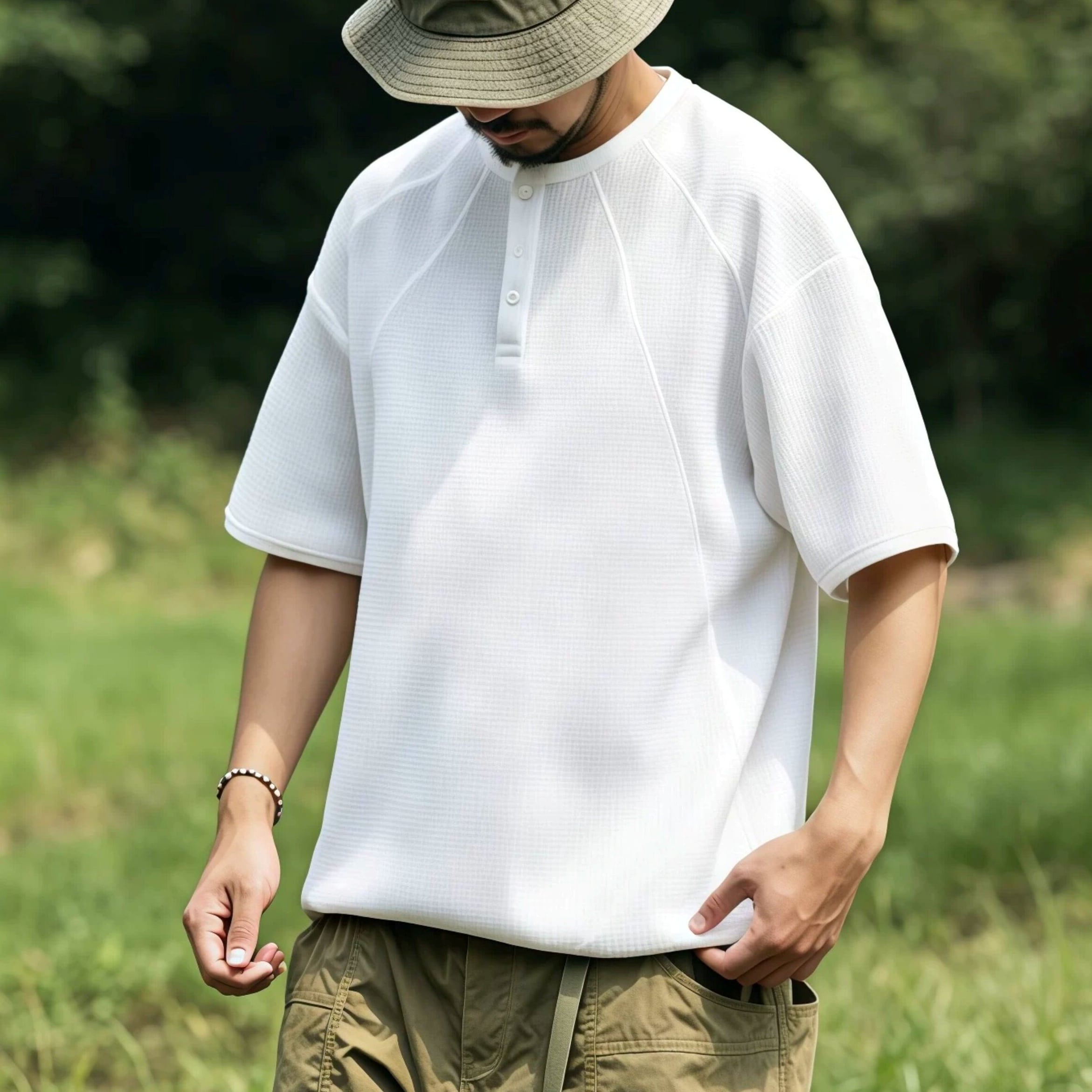ステッチデザイン ワッフル ワイドTシャツ a-1427
