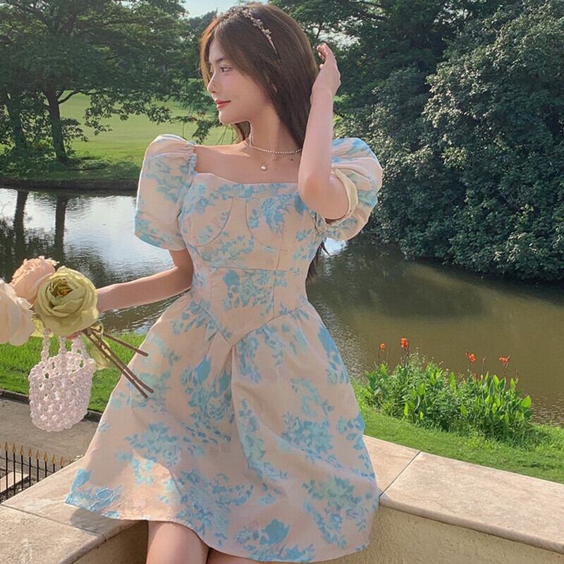 スタンダードカラーフローラルドレス サマースタイルハイウェストウェストスリーブAラインスカート レトロ 夏物 花柄 スクウェア ガールズファッション6201739185