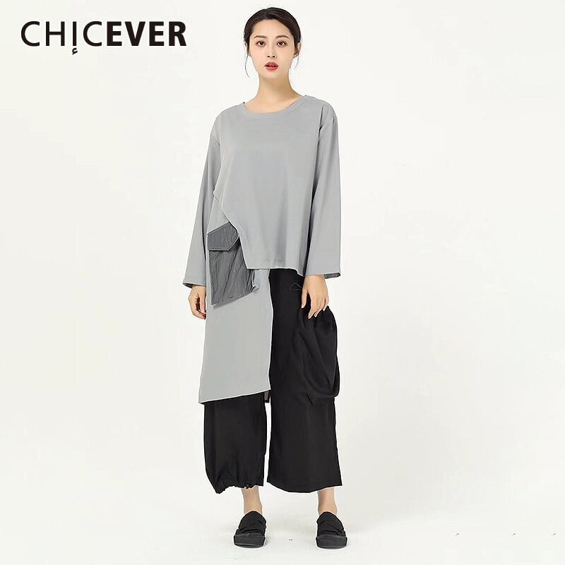 CHICEVERパッチワークヒットカラーアシンメトリー女性TシャツOネック長袖不規則なルーズTシャツ春服 ロング スプリング 春物 6base574516870192