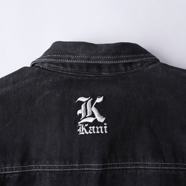 embroidery design box silhouette over size black denim jacket