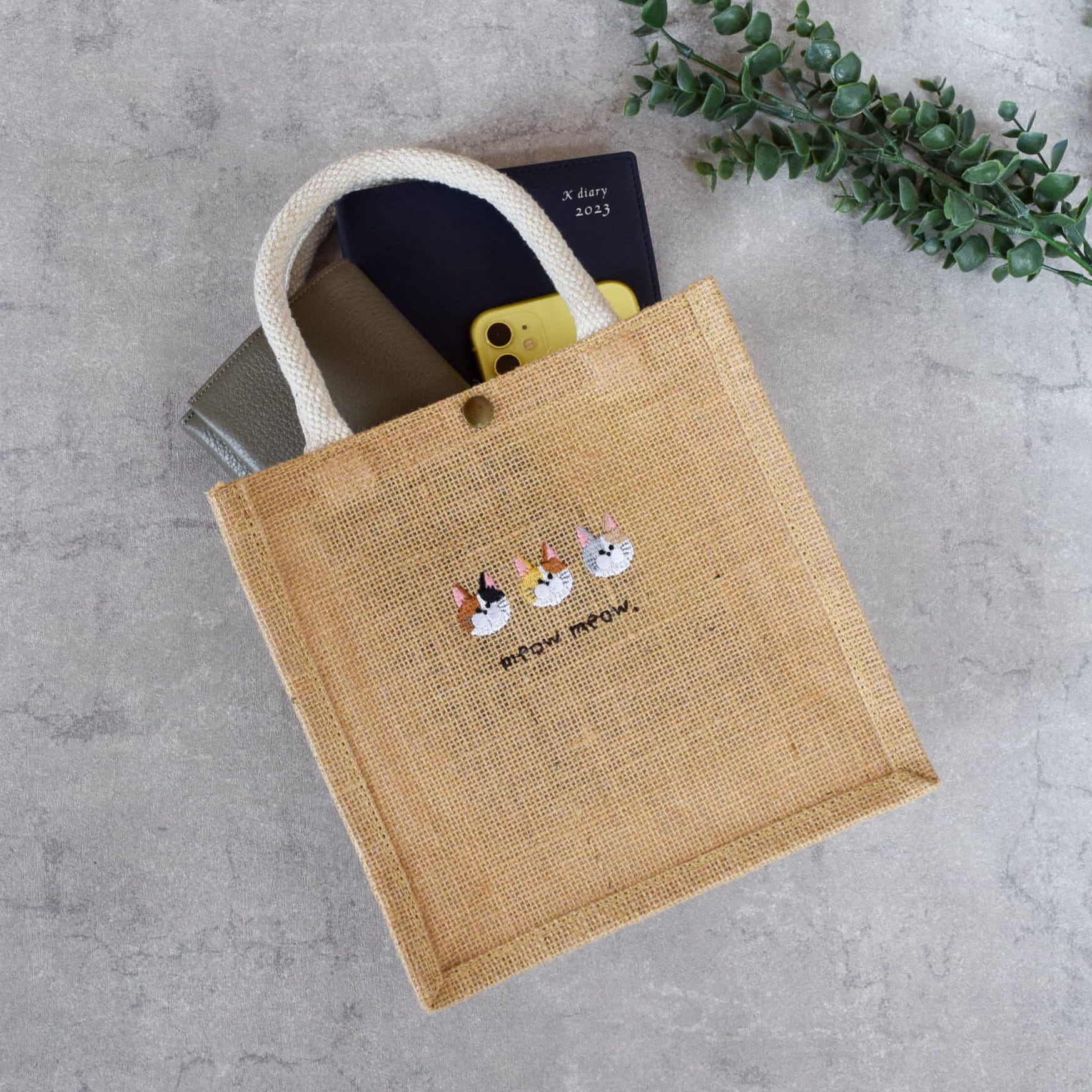 猫が選べる！刺繍ジュートバッグ 《ミニ》 ショルダー 2way ねこ かご