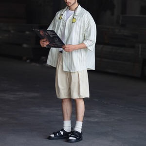 開襟ストライプ柄五分袖シャツ　0704