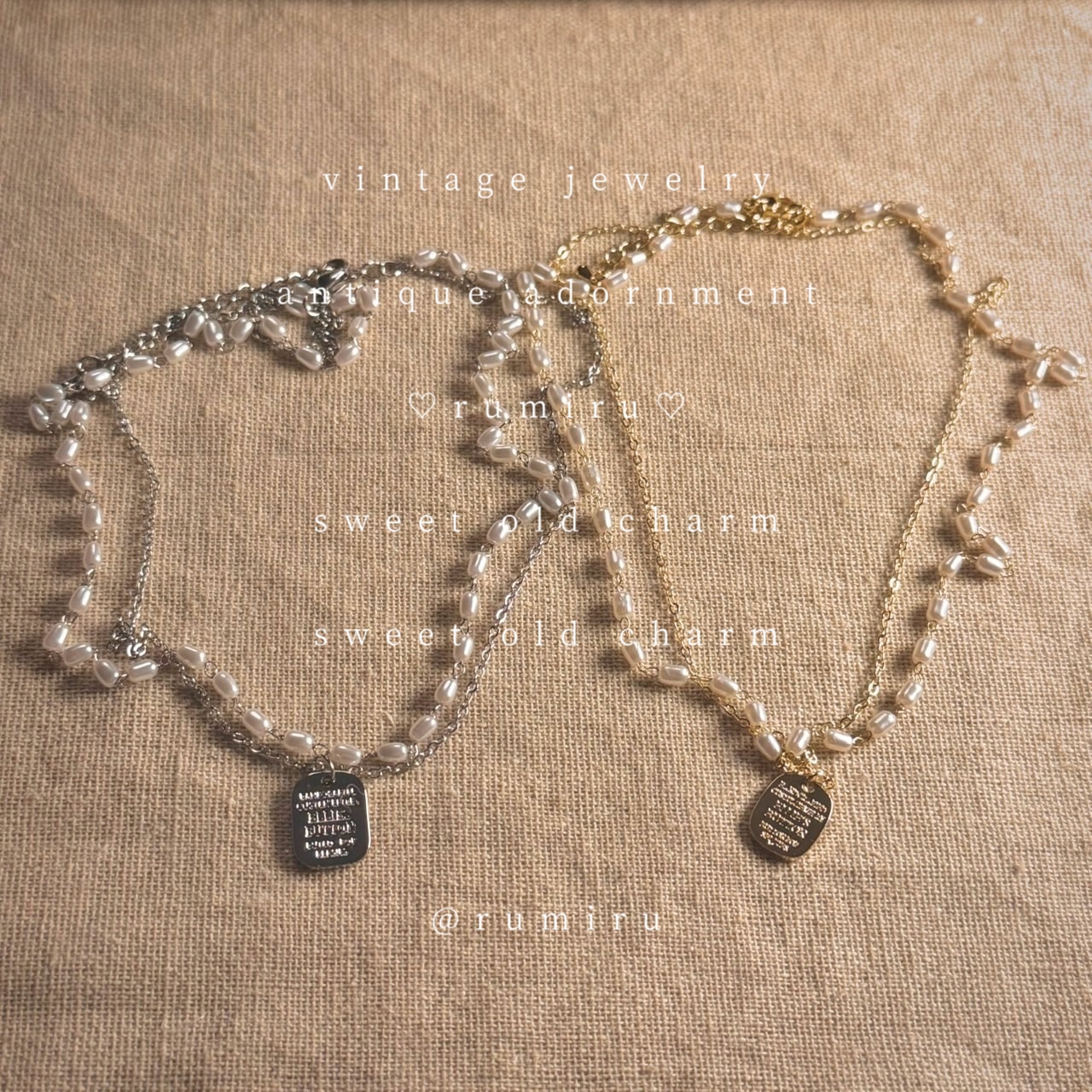 ハンドメイド 淡水パール×二連チェーン ヴィンテージ ネックレス - 3