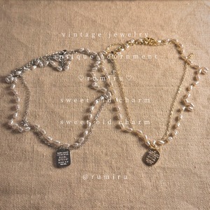 ハンドメイド 淡水パール×二連チェーン ヴィンテージ ネックレス