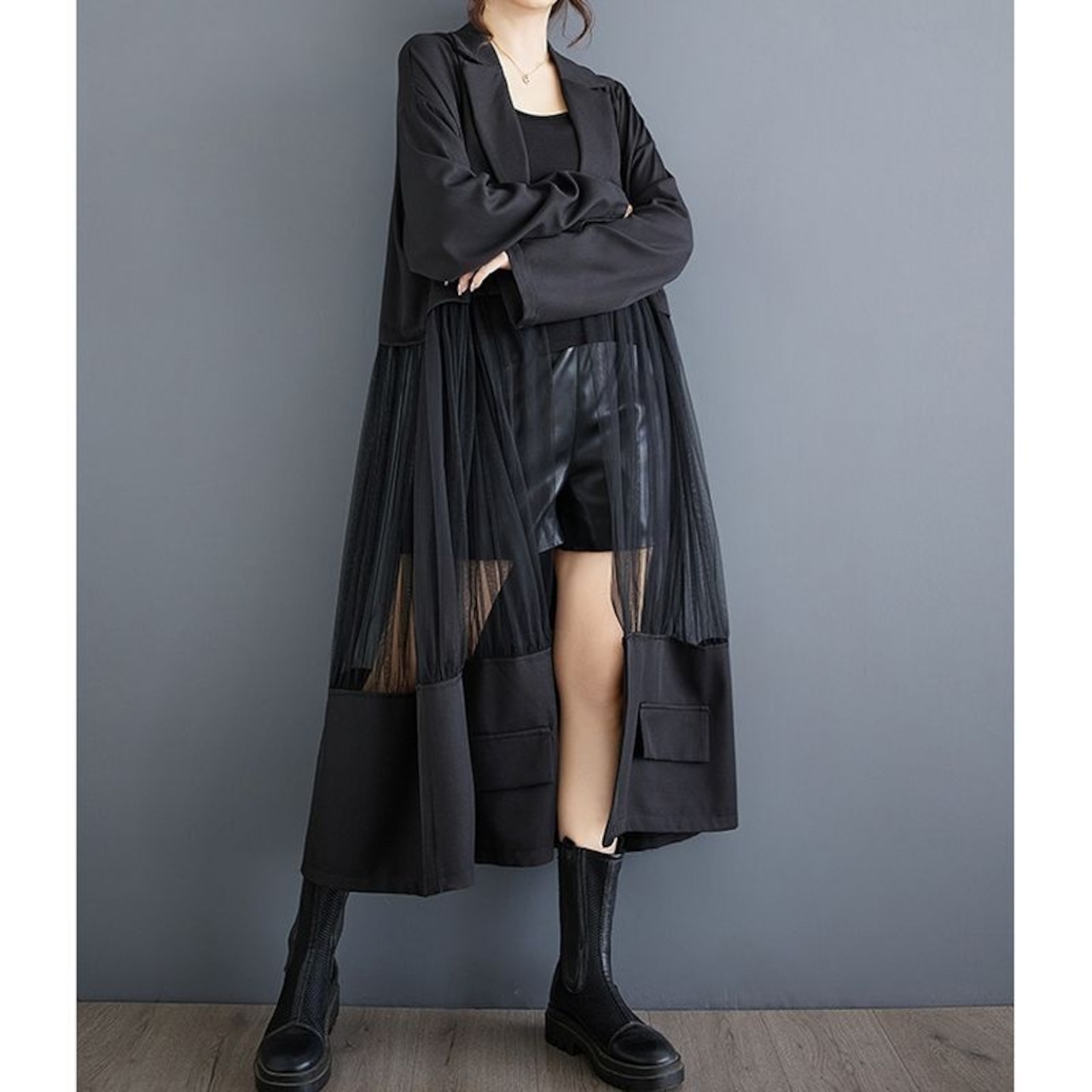 異素材切り替え 軽やか ロングジャケット 00207