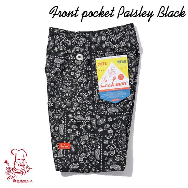 Chef Short pants Front pocket Paisley Black シェフ ショートパンツ