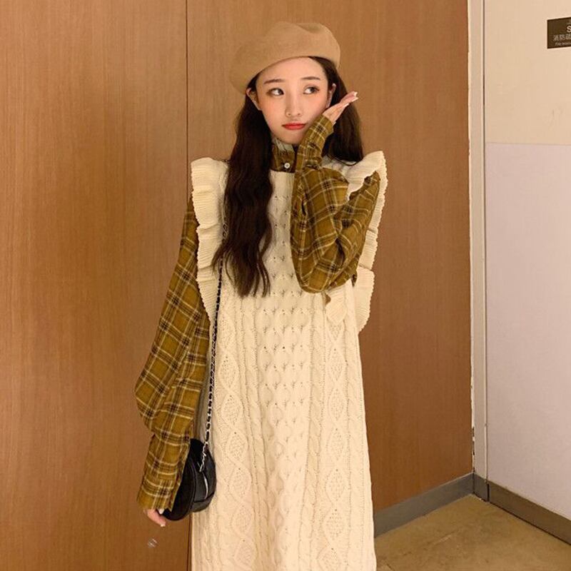 2020年の新しい秋と冬のセーターの女性は緩いアウターウェア怠惰な風に妖精ニットロングベスト+格子縞のシャツ 萌量不足37518849138