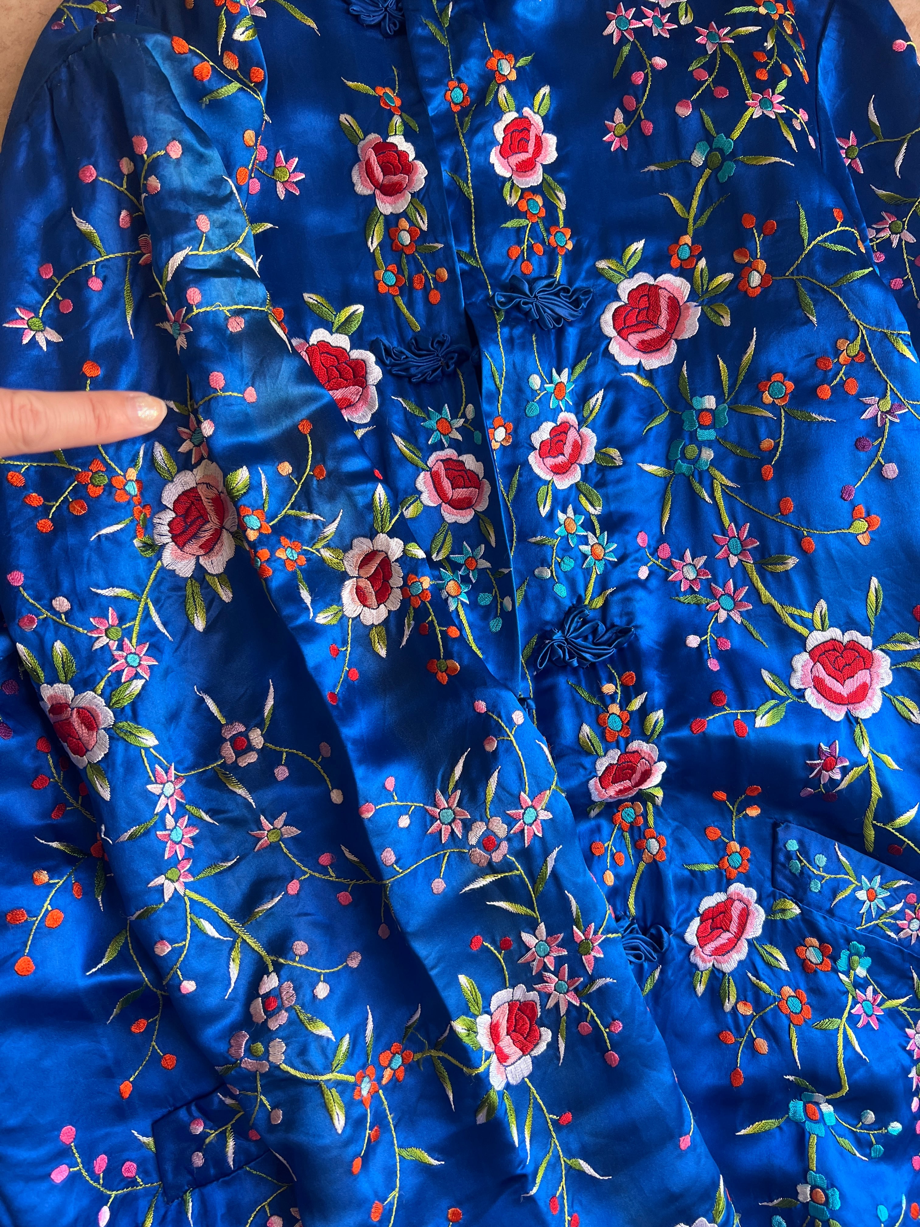 80s chinese royal blue × floral embroidery long jacket