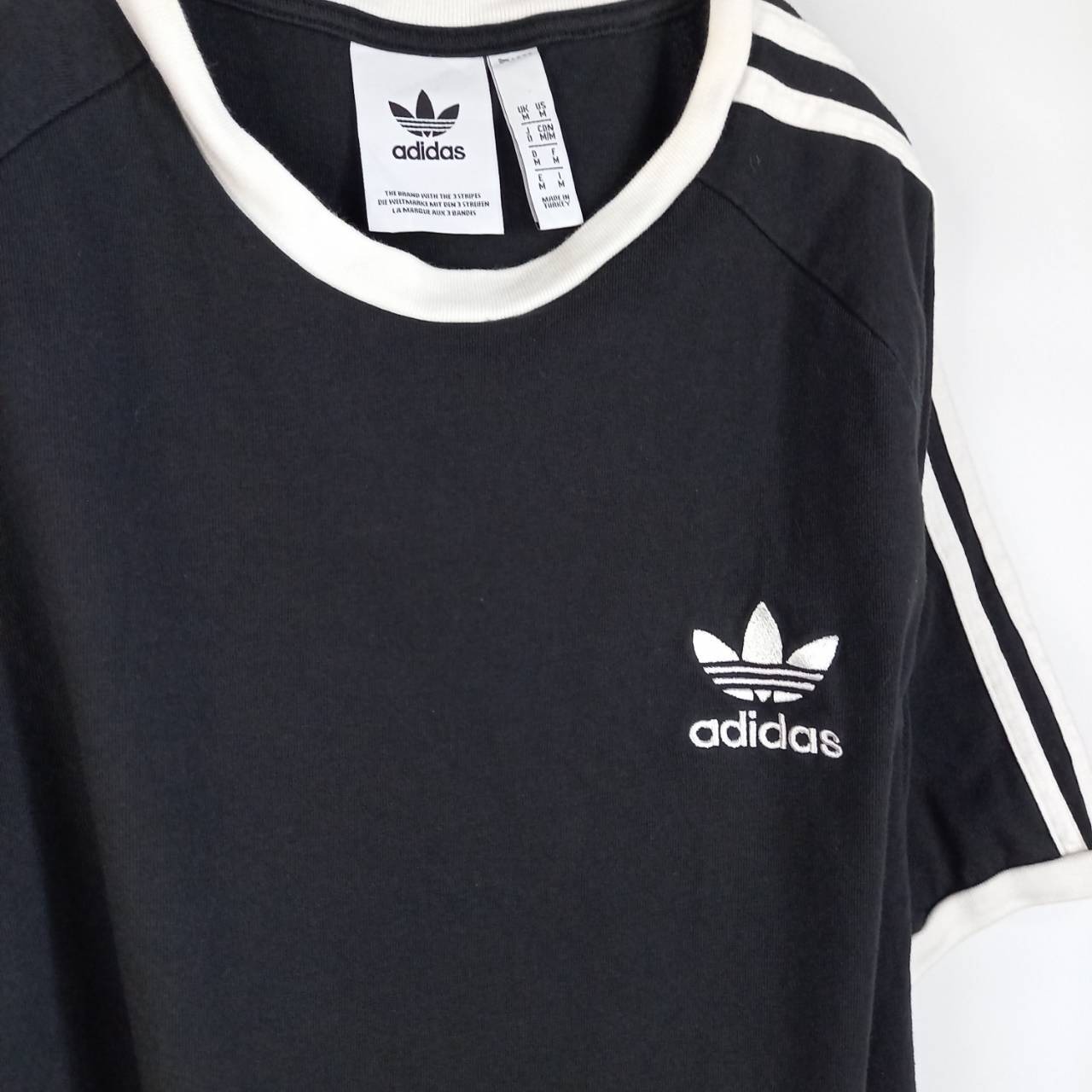 アディダス　オリジナルス　リンガーTシャツ　半袖　ストライプ　刺繍ロゴ　黒　XL