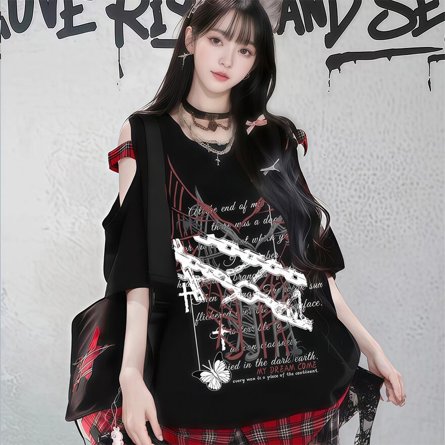 サブカル 服 地雷系 通販 黒 半袖シャツ オープンショルダー