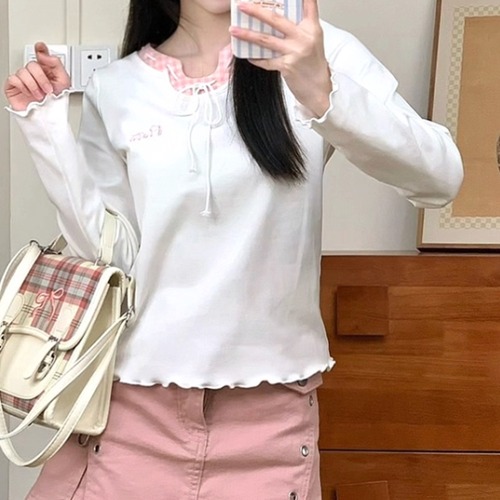 2色／チェックディテールリボンメロウトップス ・72820