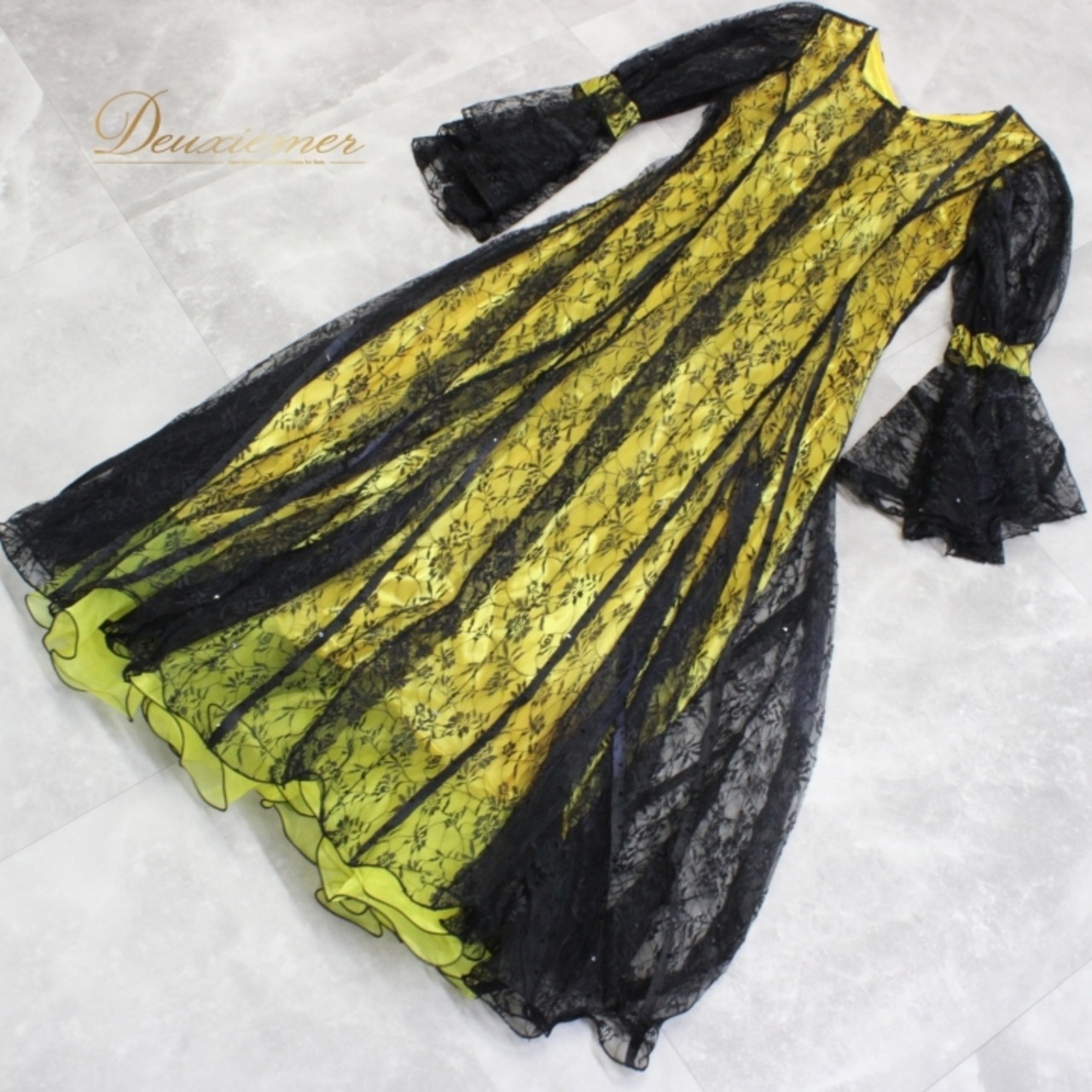 社交ダンス 衣装 スタンダード ドレス ワンピース パーティドレス un×Ⅱ 黄色 黒 ブラック系 イエロー系 レース 花柄 長袖 バイカラー ロングドレス パーティー ワンピース スパンコール 派手 おしゃれ エレガント フォーマル ダンス衣装 レディース ルームウェア きれいめ 大人可愛い 謝恩会 冠婚葬祭 旅行 結婚式 用途多様 お洒落 体型カバー セクシー 透け感 伸縮性