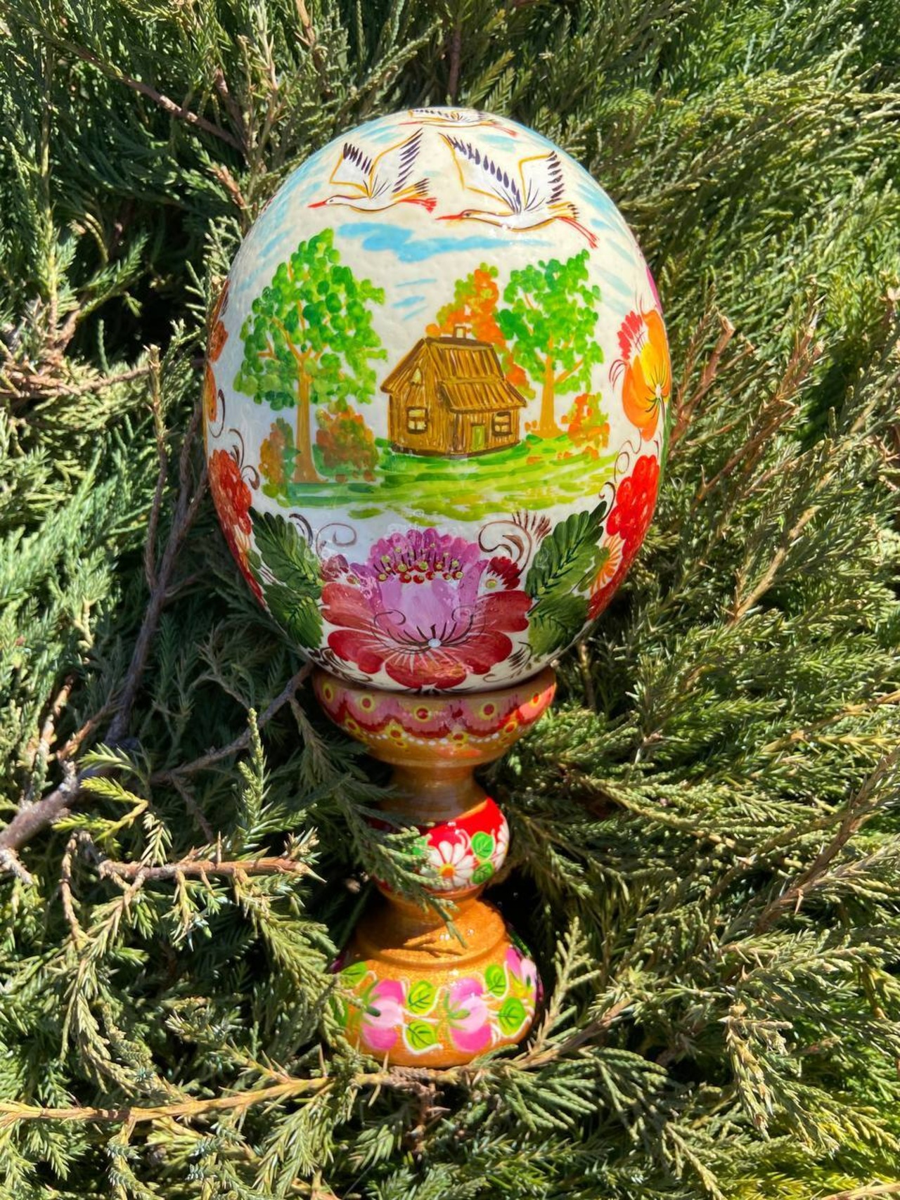 ペトリキウカ塗り　ダチョウの卵　プィサンカ・スタンド付き（イースター・エッグ） 20cm（Homenko作） Ostrich egg with wooden stand - 11