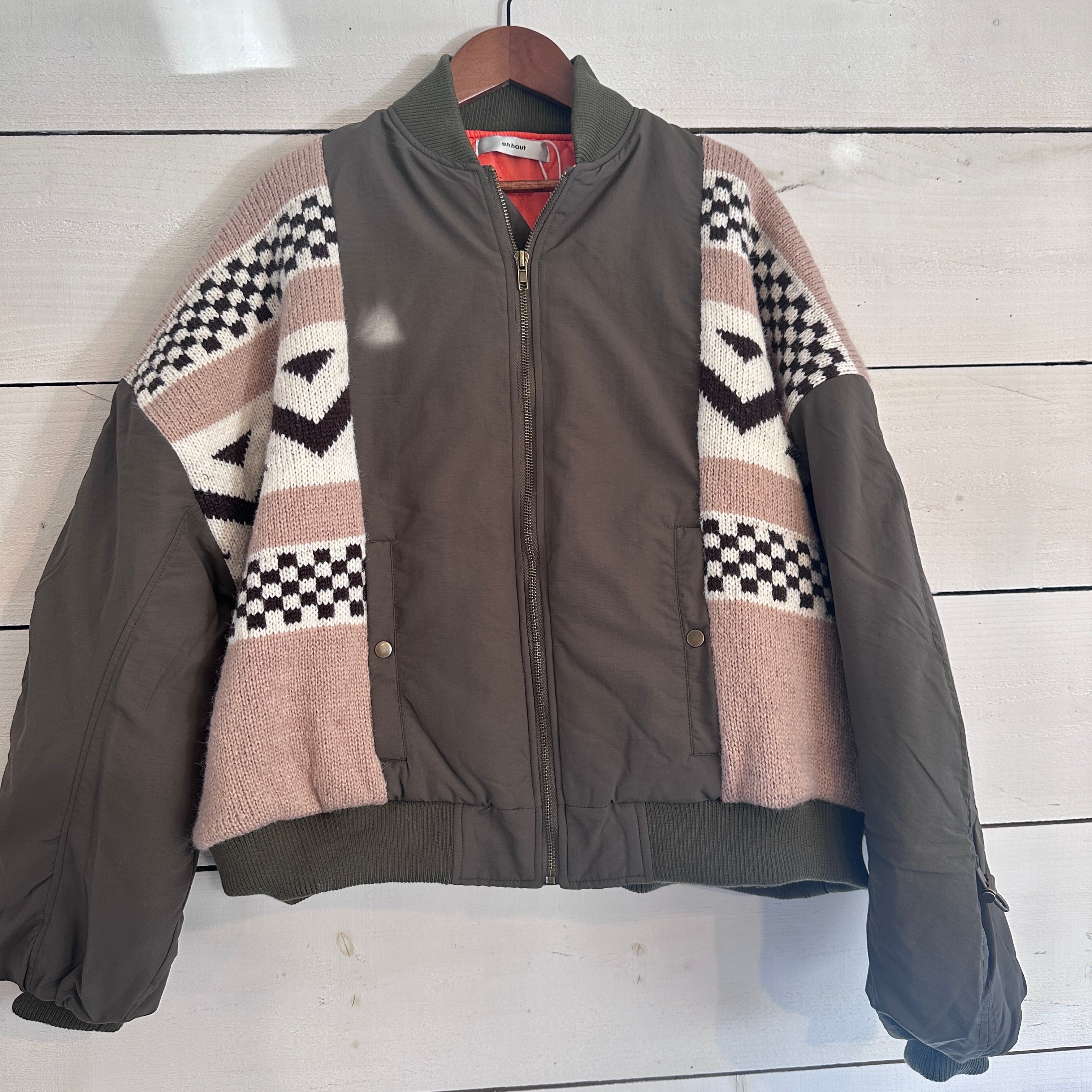 ジャガード編みニットリメイクMA-1ジャケット　1667  フリーサイズ　ニットドッキング