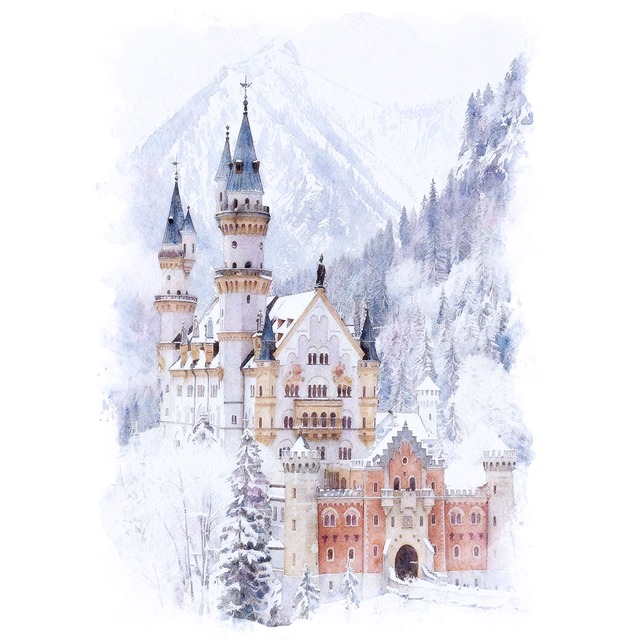 絵画(風景画) 冬 ドイツ 雪のノイシュヴァンシュタイン城 インテリアアート額付き 水彩画・油絵風 WAT0822