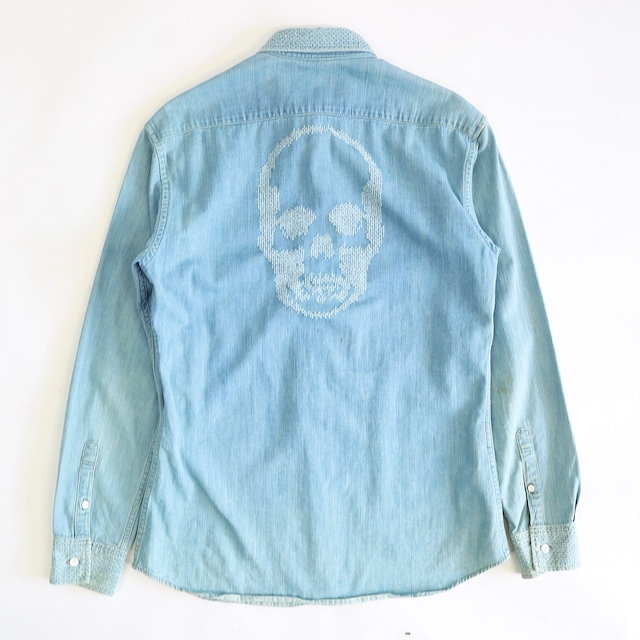 SKULL DESIGN FADED DENIM SHIRT