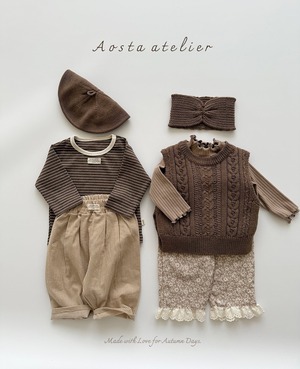 【Aosta】MomentボーダーリブTシャツ ブラウン 70~100cm