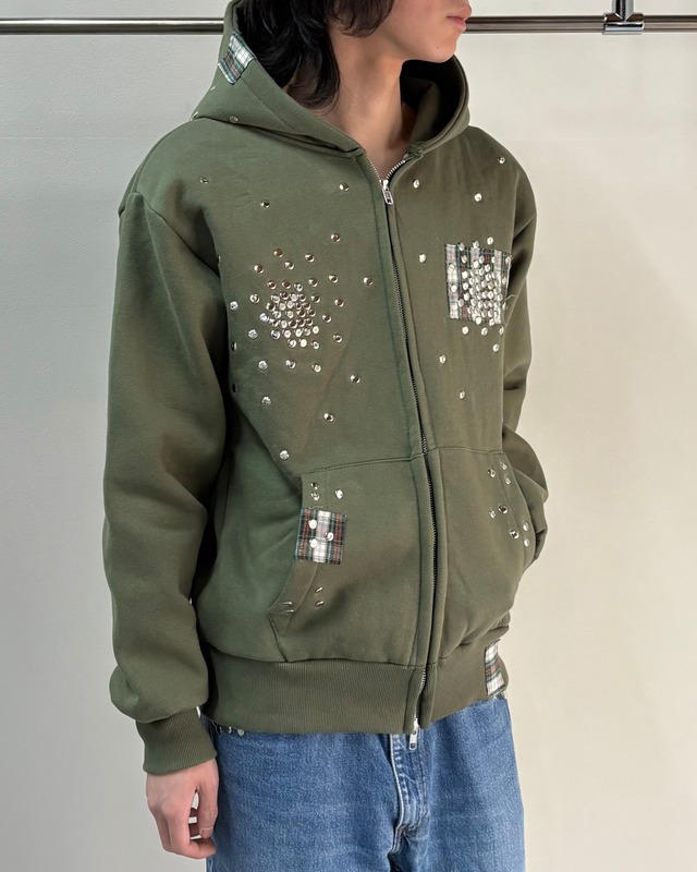 【Hannah Creak】Studded Hoodie Double Zip Khaki
