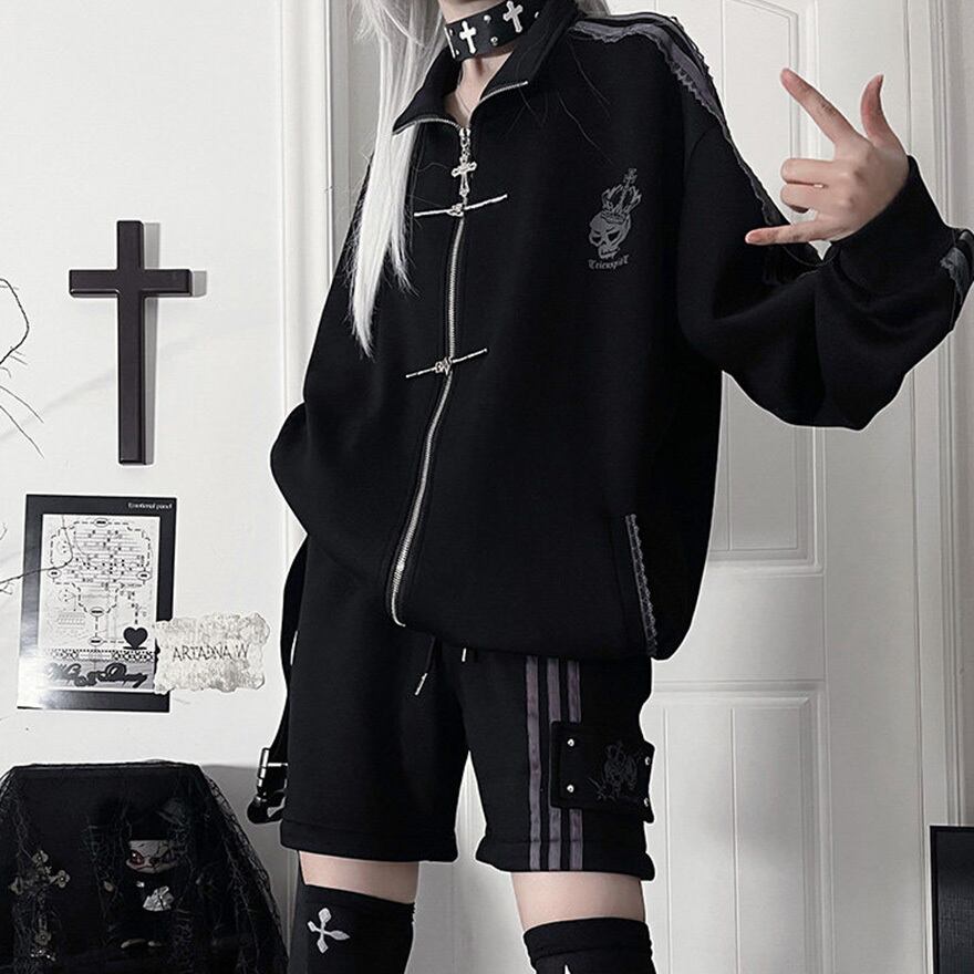 地雷系 ジャージ単品 刺繍×レースアップライン|黒 紫 ライブ 参戦服 コンカフェ