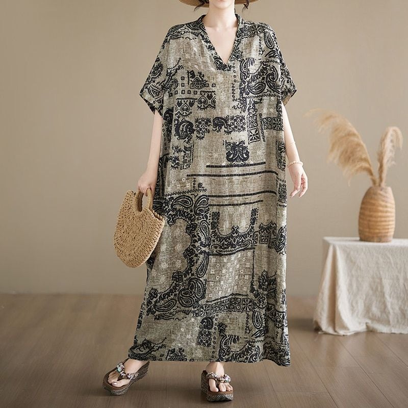 V-NECK LINEN PRINT RELAXED PULLOVER MAXI DRESS M-18046