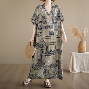 V-NECK LINEN PRINT RELAXED PULLOVER MAXI DRESS M-18046