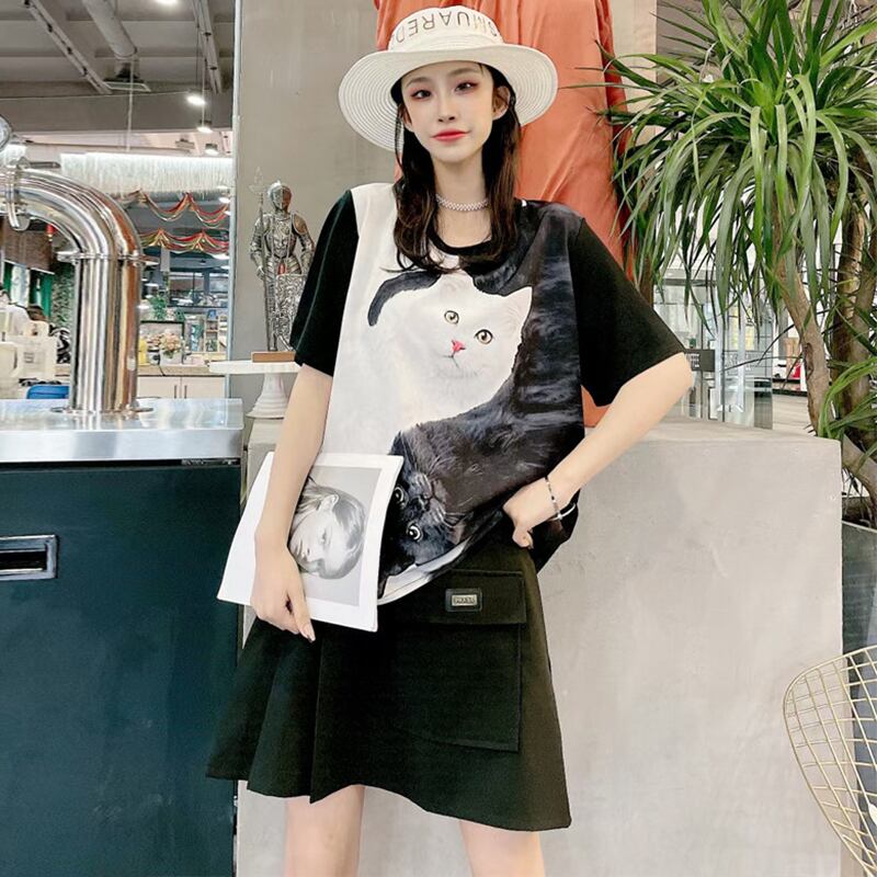 サマーラウンドネックブラックホワイトパターンプリントTシャツ ルーズカジュアル 大きめサイズ 夏物 Oネック ミックスインファッション53149941238