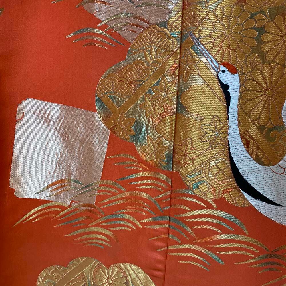 色打掛 正絹 鶴 刺繍 金 オレンジ 打掛 花嫁衣裳 婚礼 リサイクル 中古  
