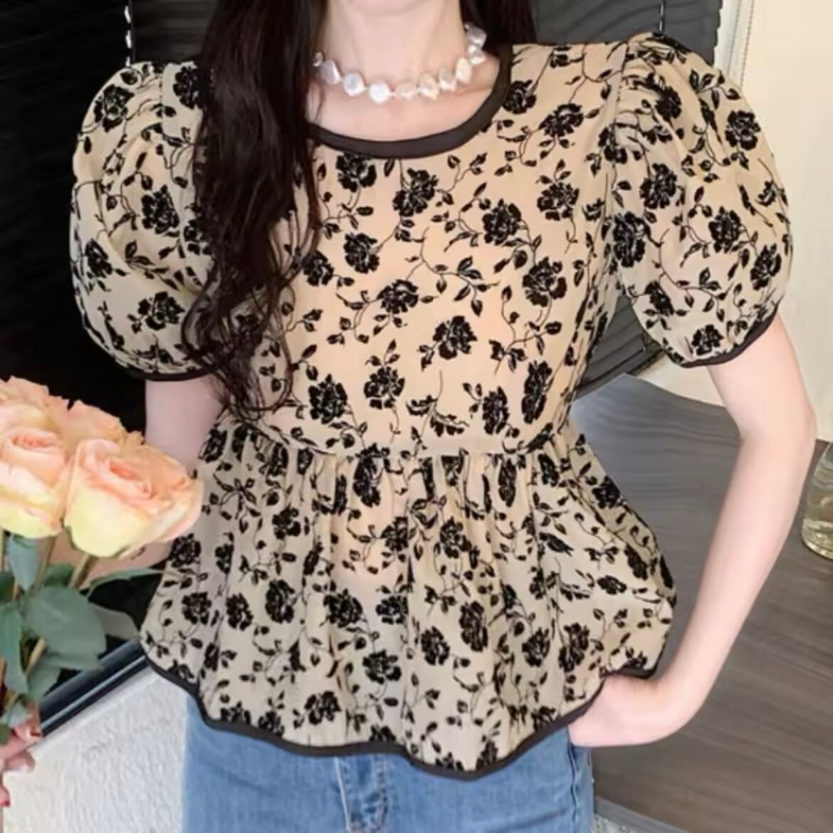 バッグリボンヴィンテージフラワーブラウス