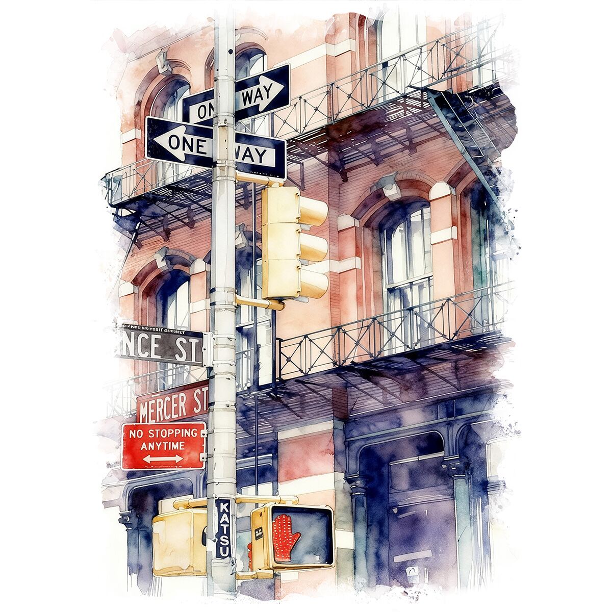 絵画 風景画(街並み) アメリカ ニューヨーク交差点の案内標識 インテリアアート額付き 水彩画・油絵風 WAT1151