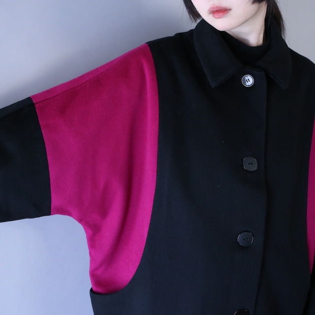 bi-color over silhouette dolman sleeve wool coat