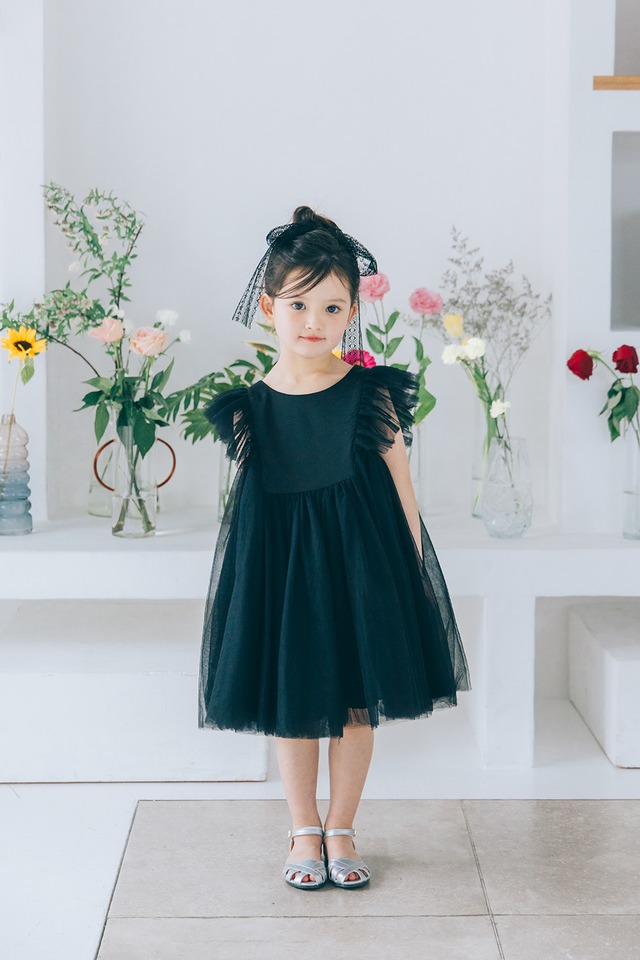 back ribbon tulle dress〈Black〉