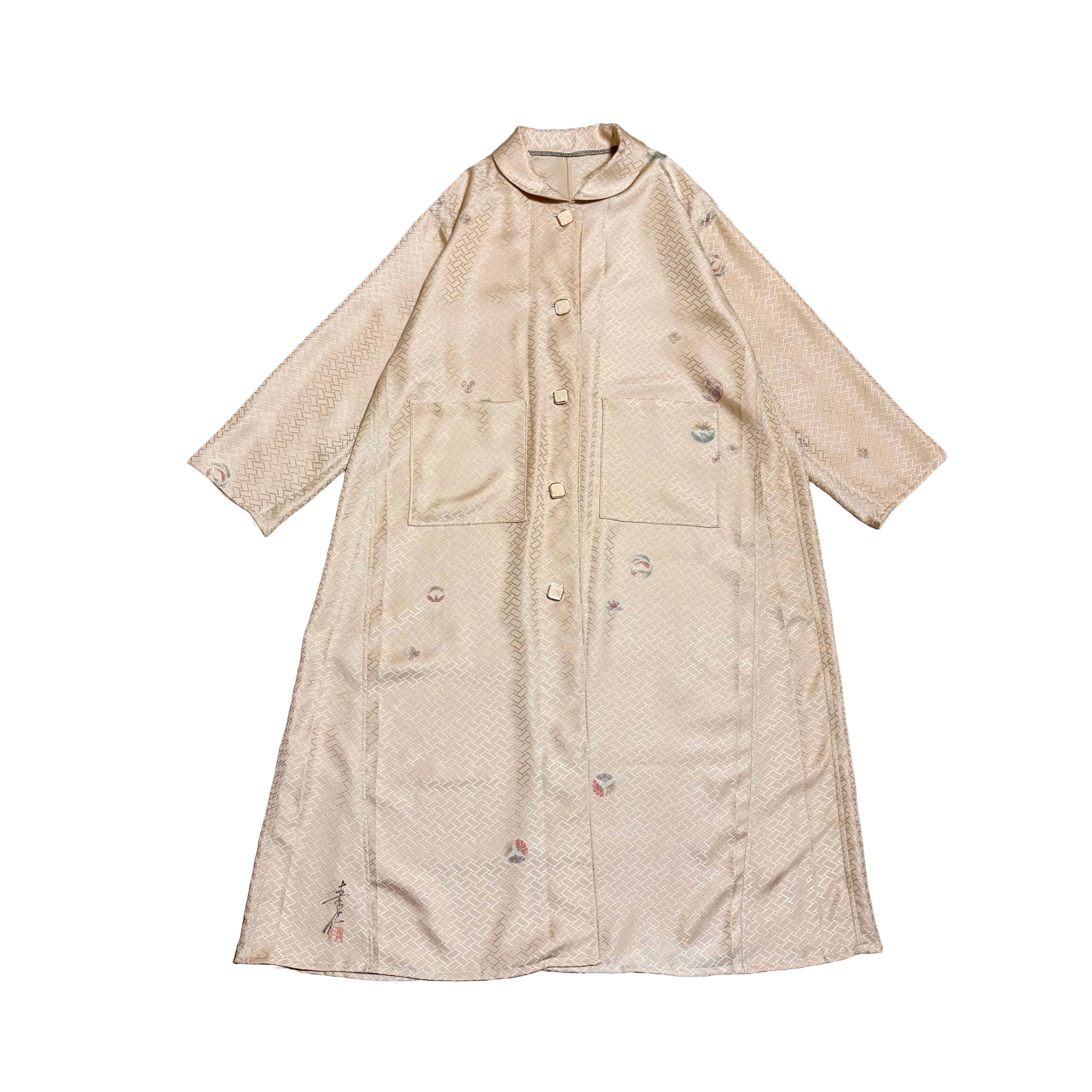 大島紬 着物リメイク 草木柄 リバーシブル ロング コート マキシ 古布