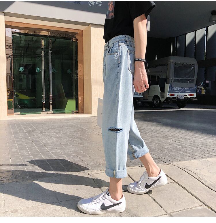 全1色 デニム パンツ ストレート カジュアル ワイド クラッシュ