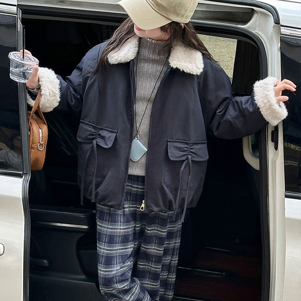 【送料無料】 子供服 女の子 アウター ファーカラー ジャケット 秋冬 韓国 防寒 保温 暖かい 小学生 おしゃれ カジュアル リボンポケット かわいい 大人可愛い 大人女子