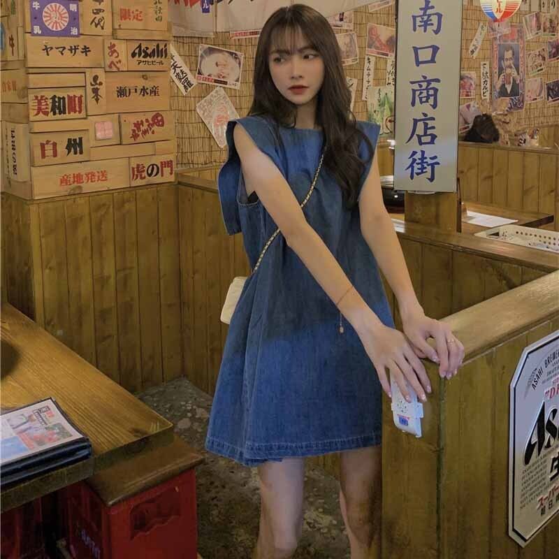 ワンピース 韓国系ノースリーブラウンドネックaラインデニムワンピース Teendresser ワンピース 韓国系ノースリーブラウンドネックaラインデニムワンピース Teendresser