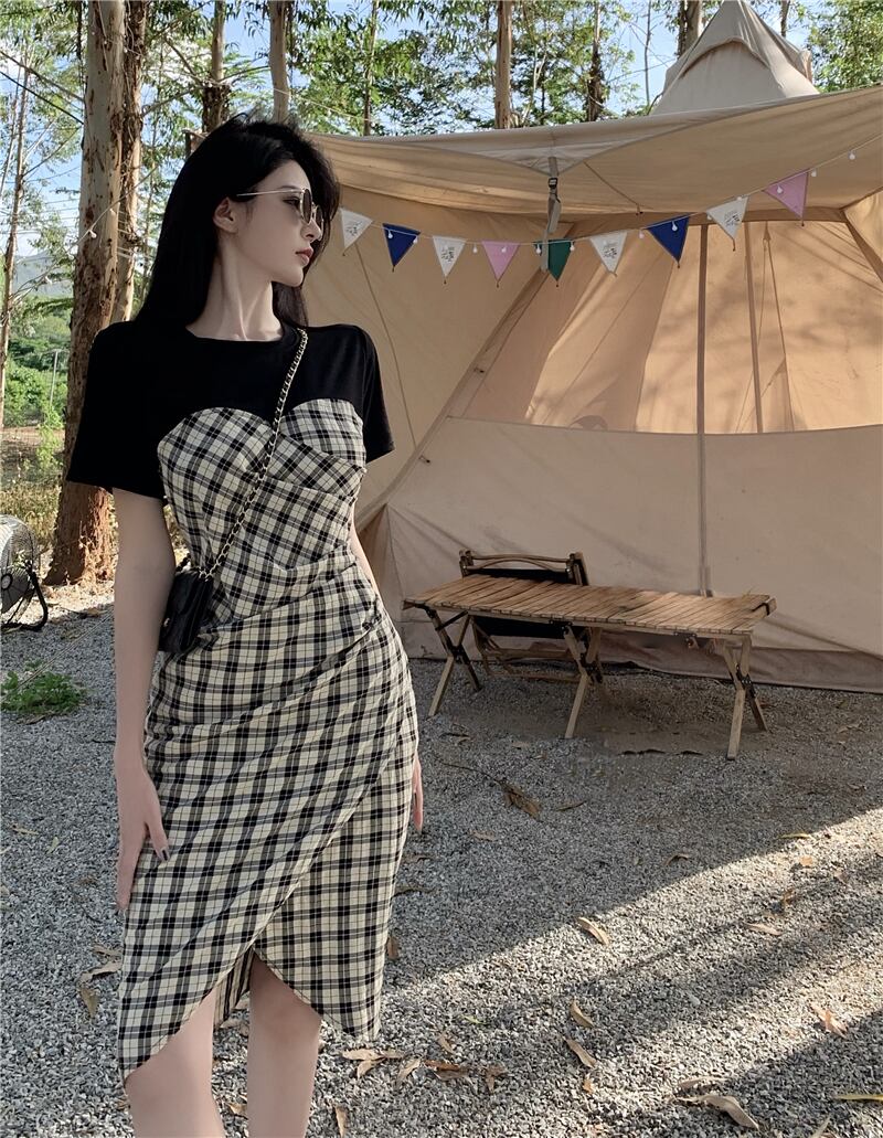 格子柄ドレス ウェストショートスカート サマー 夏物 ブラックストロベリース30541846012