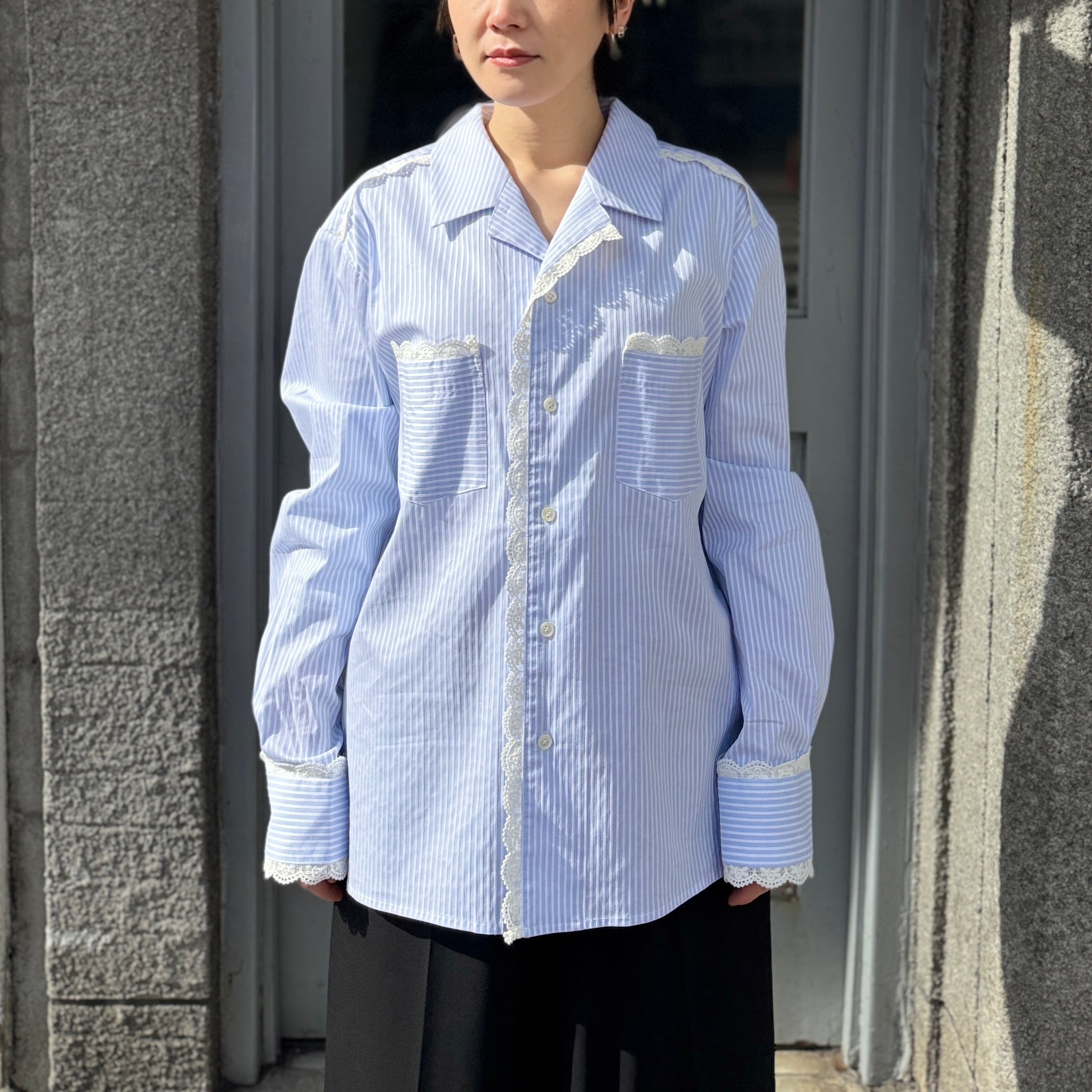 VIVIANO MENS / Lace Trimmed Open Collar Shirts / BLUE STRIPE