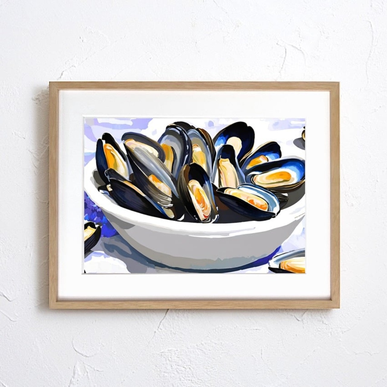 ムール貝のある食卓｜ブルーとオレンジが織りなす美食アートポスター｜キッチンやダイニングを彩る上質なモダンインテリアA3ポスター