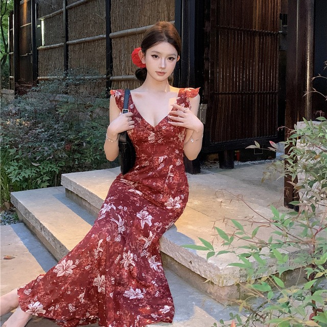 2colors ワンピース 花柄 リゾート風  フィッシュテール レッド ブラック S M L
