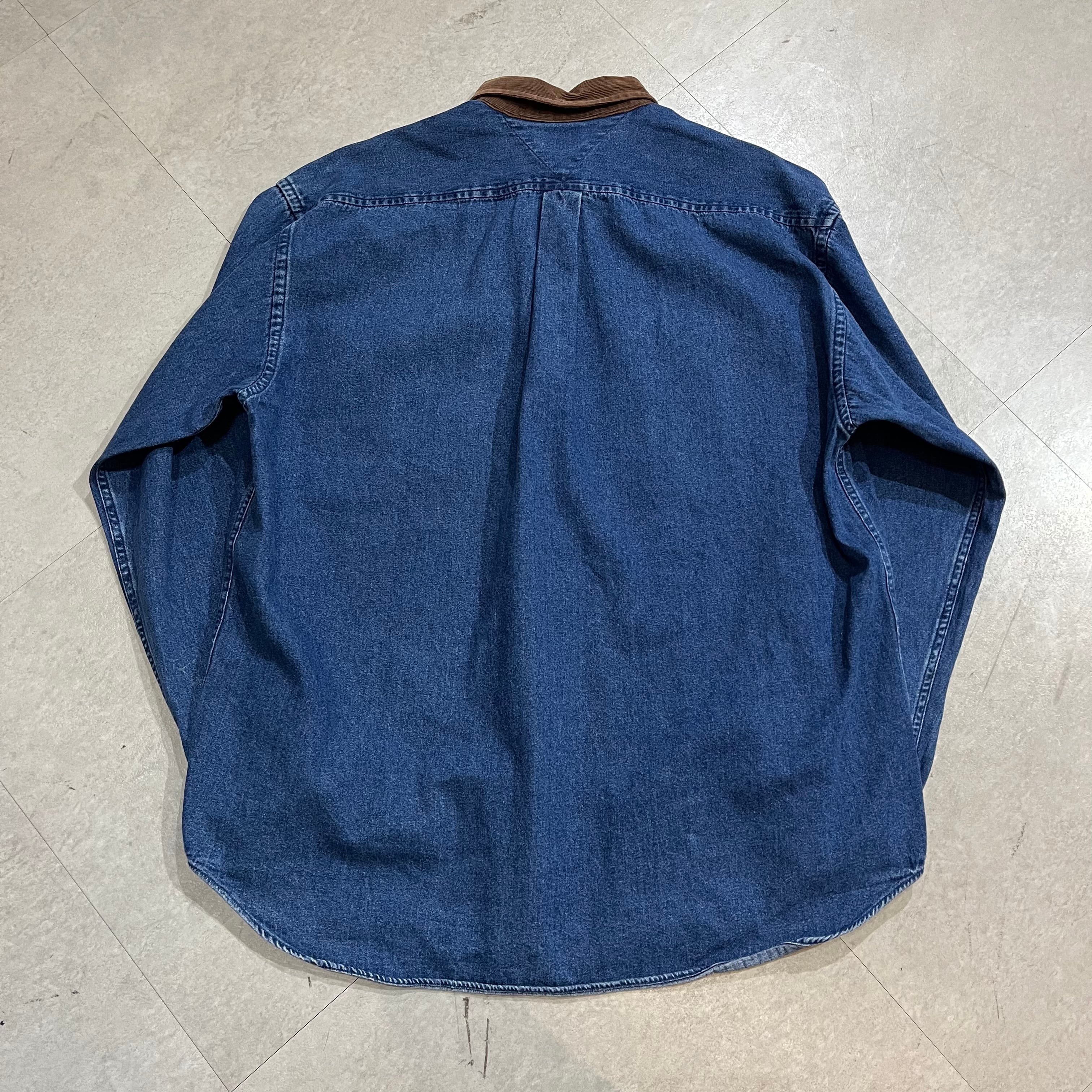 90年代 size:L【 TOMMY JEANS 】トミージーンズ トミーヒルフィガー デニムシャツ コーデュロイ ボタンダウン 長袖シャツ  ロングスリーブシャツ シャツ ブルー 青 古着 古着屋　高円寺 ビンテージ