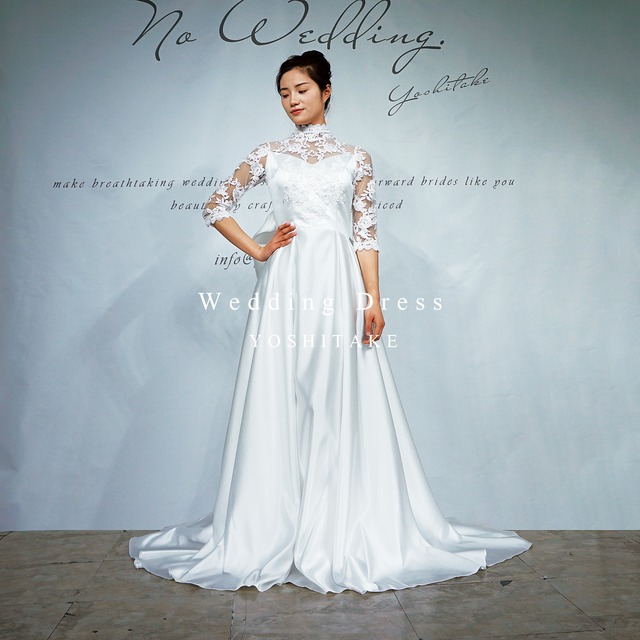 ウエディングドレス.白.サテン.刺繍.チュール.Aライン.結婚式.Y2414  