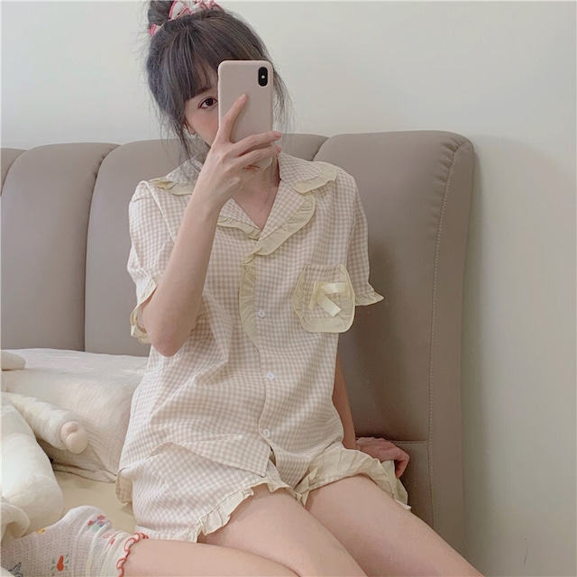韓国系 可愛い チェック柄 リボン ふりふり 少女 半袖セット・パジャマ45113331