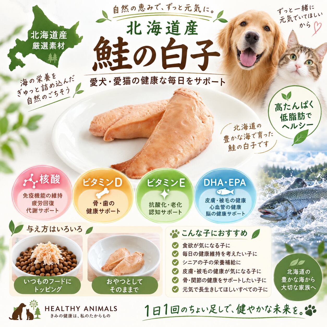 【犬 猫 おやつ 無添加】北海道産 鮭の焼き白子 犬用 猫用 高たんぱく 核酸 DHA EPA ビタミンD 植物発酵酵素 たもぎ茸配合 無着色|ヘルシーアニマルズ
