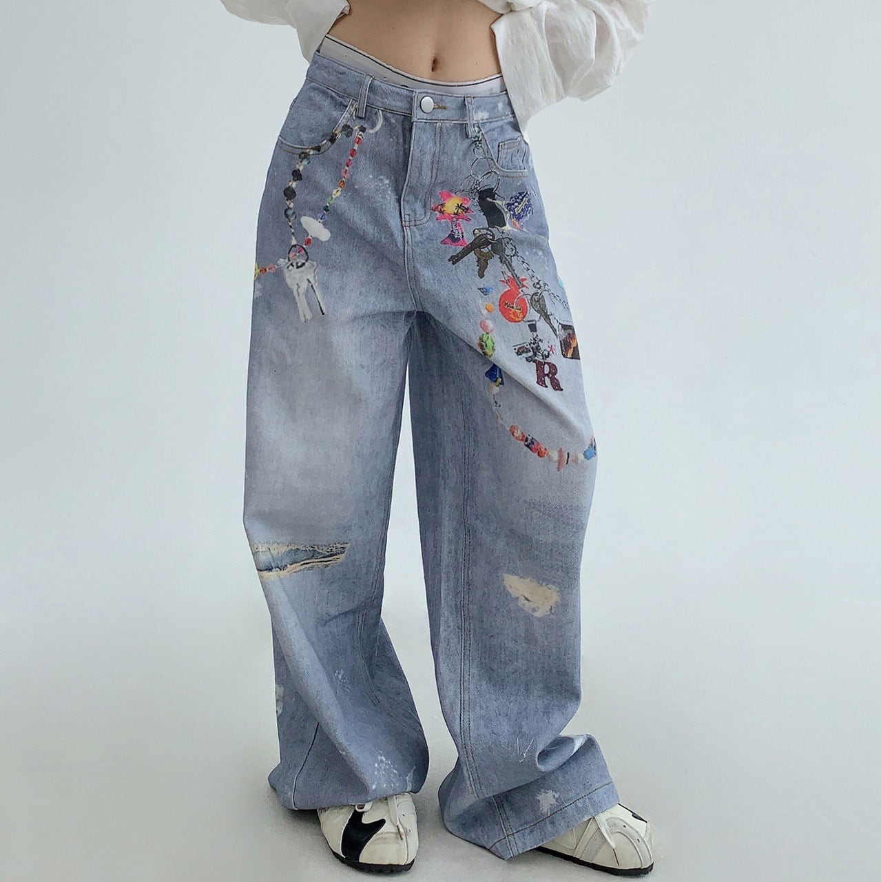 チャームペイントデザインデニムパンツ R00551