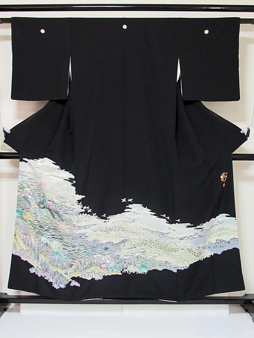 黒留袖 正絹 一越 比翼 京加賀 山水絵図に鶴 154cm前後ベスト 美品 お薦めです