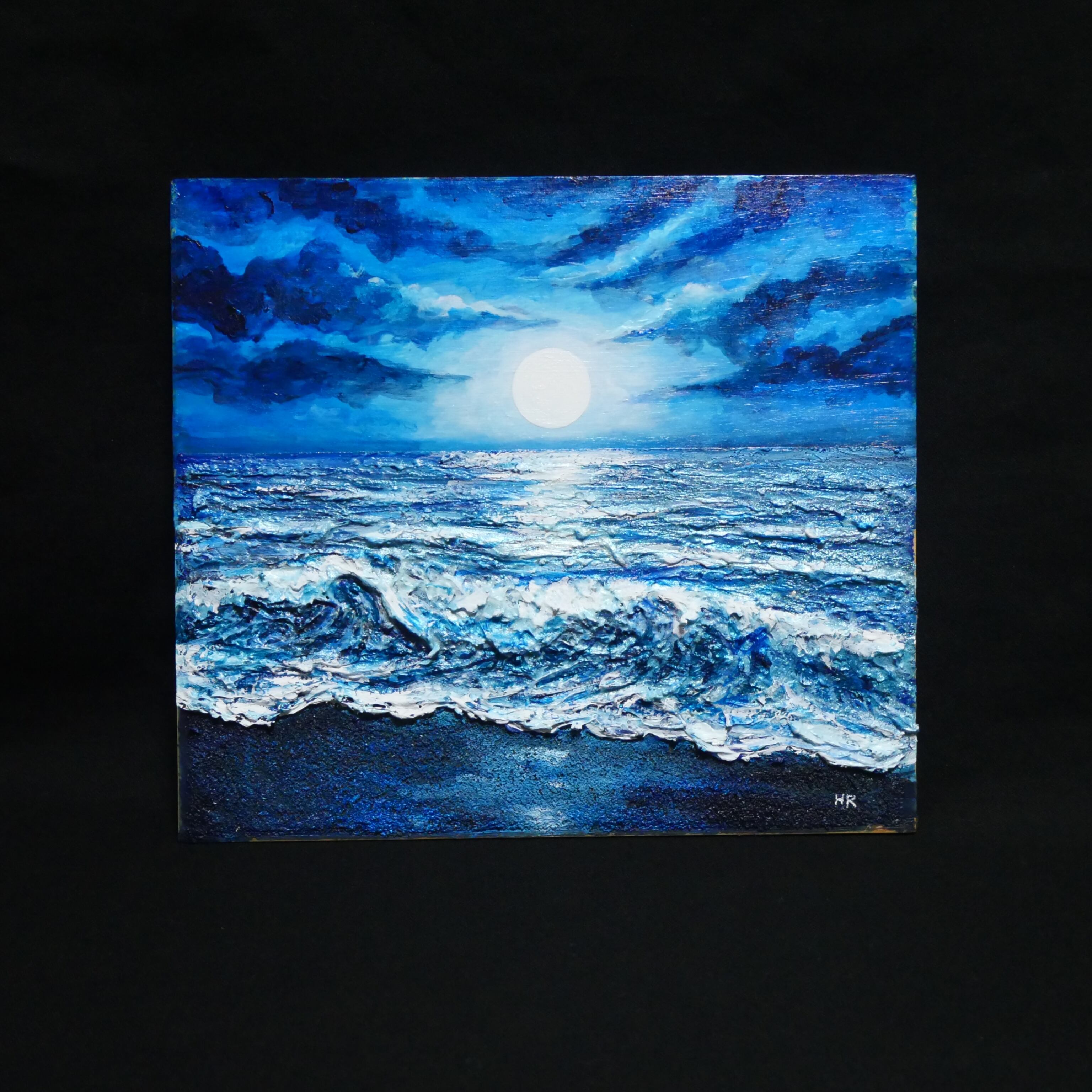 油彩画『月明かりの海』夜の静寂と波のきらめき｜原画・一点物