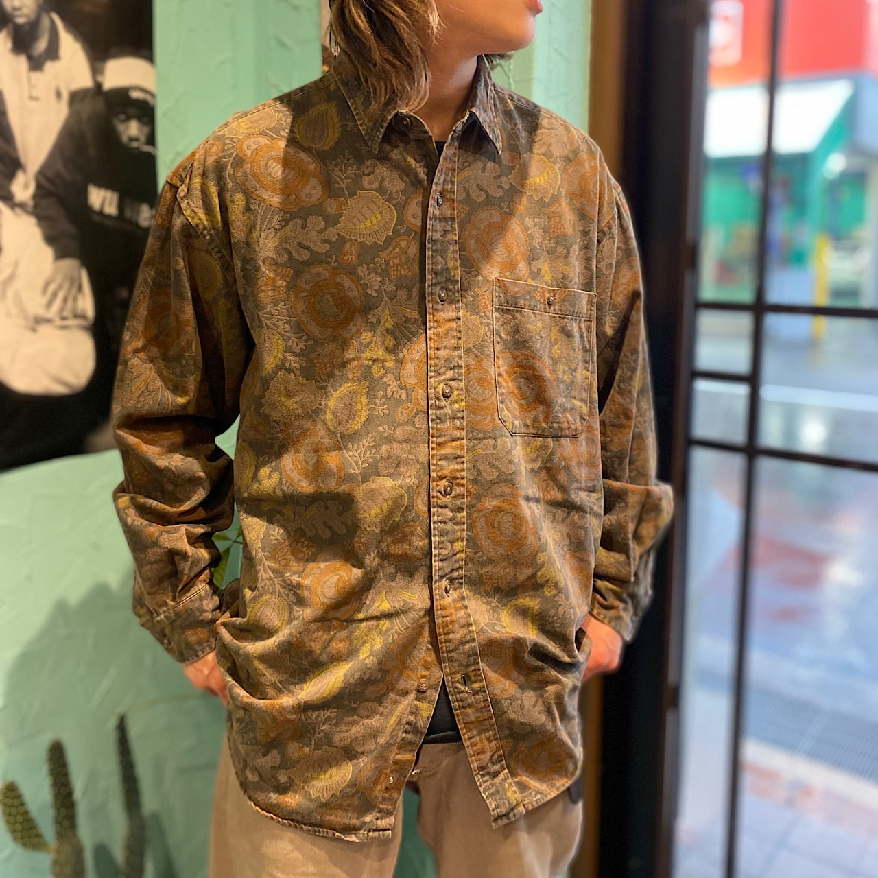 80年代 BANANA REPUBLIC SAFARI & TRAVEL バナナリパブリック 長袖 フラワー柄 ボタニカル柄 総柄シャツ メンズL  古着 80S ヴィンテージ ビンテージ カーキ 【長袖シャツ】 | cave 古着屋【公式】古着通販サイト