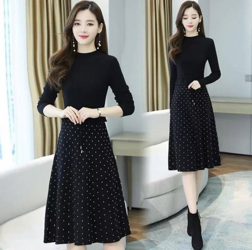 ワンピース 冬 秋 長袖 フォーマル 大きいサイズ 大人ワンピース ニットワンピース レディース ひざ丈ワンピース ドット柄 大人 大人きれいめ リボン ゆったりサイズ スカート ハイネック